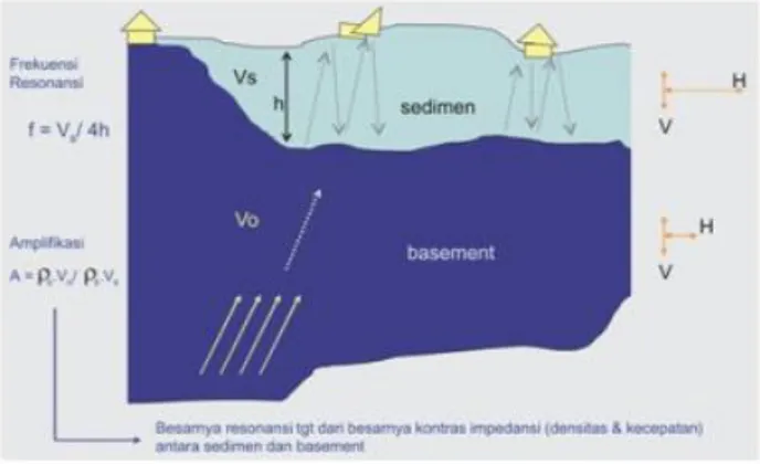 Gambar 2. 9 Amplifikasi gelombang seismik, dicirikan oleh adanya  batuan sedimen yang berada di atas basement dengan perbedaan densitas ρ dan  Vs  (Rošer dan Gosar, 2010) 