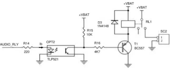 Gambar 5. Optocoupler power switch audio  Optocoupler  (OPT2)  digunakan  sebagai  dinding  pembatas  antara  tegangan  5V  dengan  12V  (+BAT)