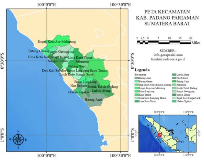 Gambar 1. Peta Kecamatan Kabupaten Padang Pariaman, Sumatera Barat. 