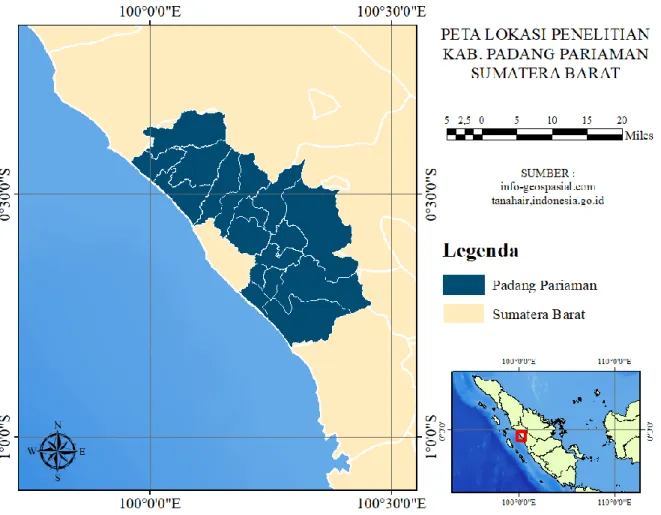 Gambar 2. Peta lokasi penelitian yang menunjukkan daerah Kabupaten Padang Pariaman, Sumatera  Barat