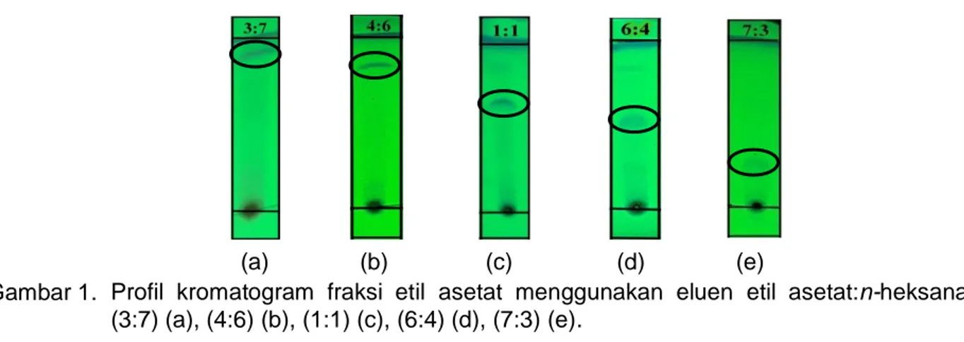 Gambar 1.  Profil  kromatogram  fraksi  etil  asetat  menggunakan  eluen  etil  asetat:n-heksana  (3:7) (a), (4:6) (b), (1:1) (c), (6:4) (d), (7:3) (e)