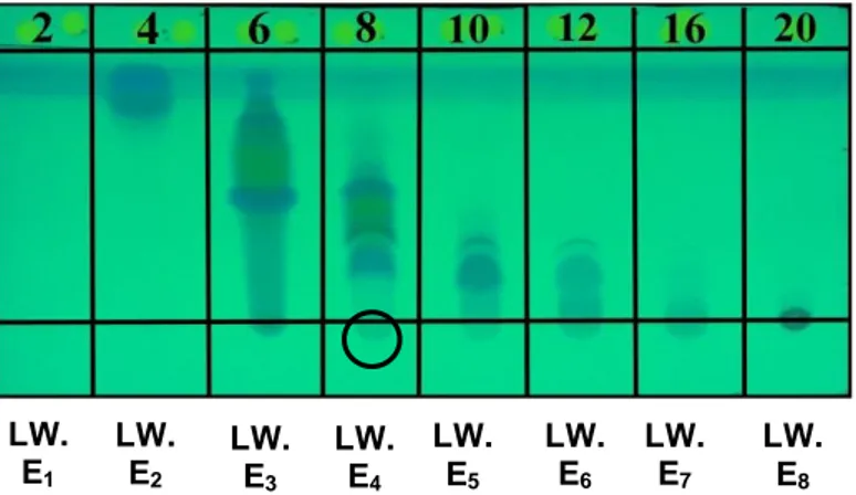 Gambar 2.  Profil  kromatogram  fraksi  gabungan  KCV  menggunakan  eluen  n-heksana:etil  asetat (7:3) 