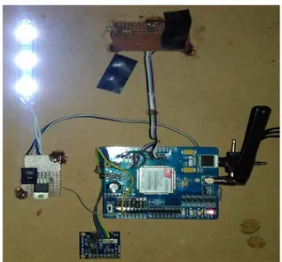 Gambar 4. Miniatur Lampu PJU menyala  Uji coba dilakukan pada miniatur  penerangan lampu jalan umum yang dibuat  tidak menyala, Saat lampu penerangan  jalan umum mati alat sensor (LDR2) tidak  terkena cahaya dari lampu, maka GSM  Shield  akan mengirimkan s