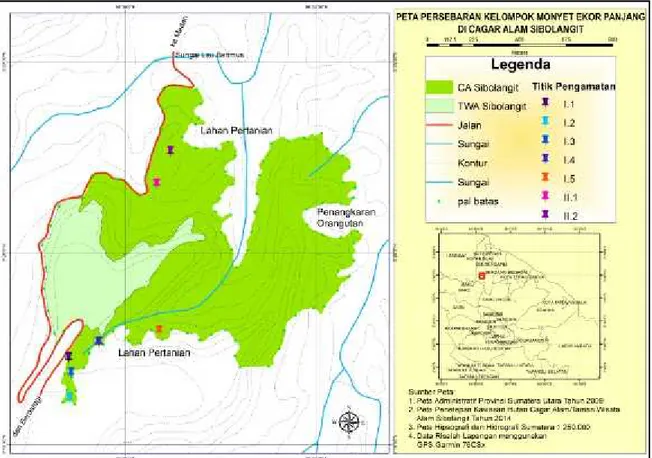 Gambar 1. Peta persebaran kelompok monyet ekor panjang pada penelitian penyebaran dan kelimpahan populasi monyet ekor panjang di Cagar Alam Sibolangit (Sembiring, 2016 a ).