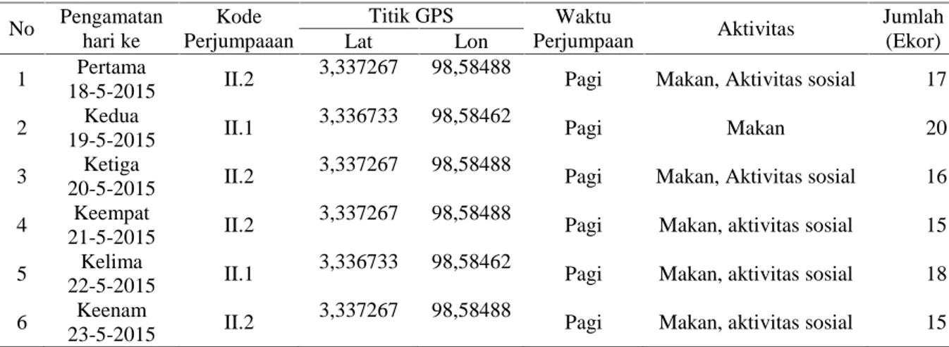 Tabel  6.  Perjumpaan  monyet  ekor  panjang  kelompok  II pada  penelitian  penyebaran  dan kelimpahan populasi monyet ekor panjang di Cagar Alam Sibolangit Mei 2015.