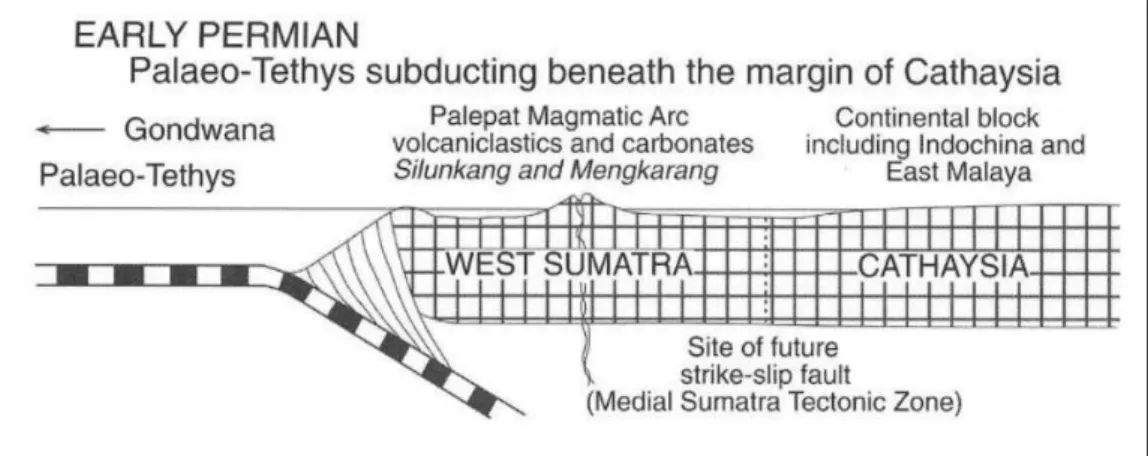 Gambar  II.  2  Subduksi  Samudra  Paleotethys  dengan  Blok  Sumatra  Barat  (Barber  dkk.,  2005)