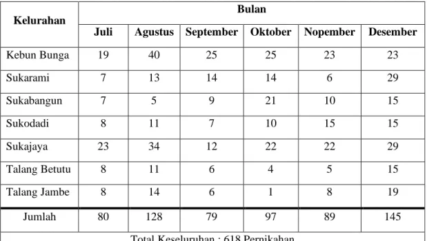 Tabel 3. Data Pernikahan di Kantor Urusan Agama Kecamatan Sukarami Bulan Juli  2020 - Desember 2020 
