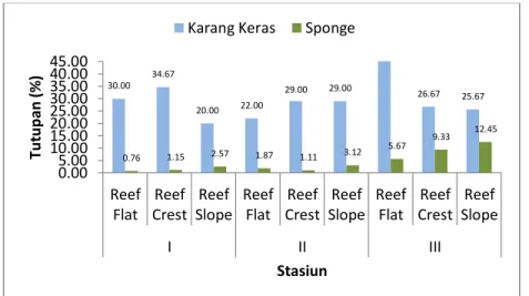Gambar 7. perbandingan tutupan sponge dan tutupan karang keras 
