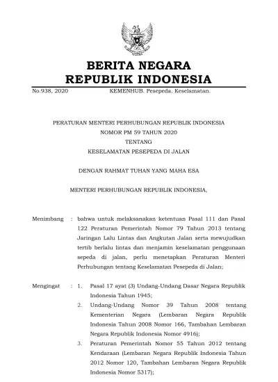 BERITA NEGARA REPUBLIK INDONESIA KEMENHUB. Pesepeda. Keselamatan.