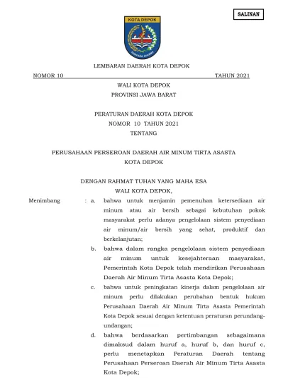 LEMBARAN DAERAH KOTA DEPOK NOMOR 10 TAHUN 2021 WALI KOTA DEPOK PROVINSI ...