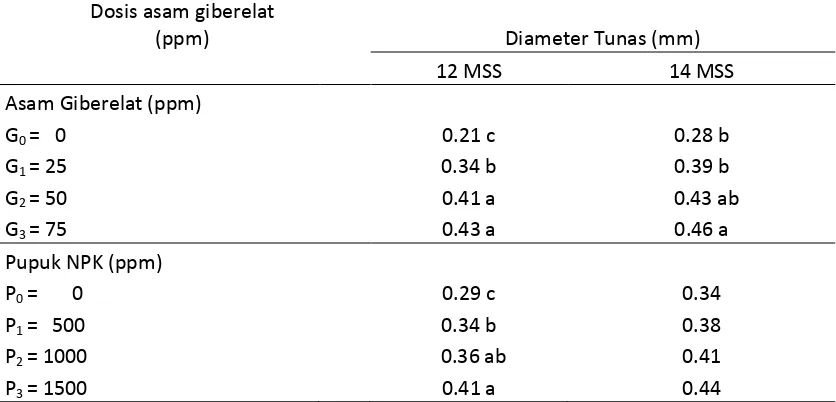 Tabel 6. Diameter tunas pada penyambungan tanaman mangga umur 12 dan 14 MSS dengan pemberian berbagai dosis asam giberelat (GA3) dan pupuk NPK   (15-15-15) 