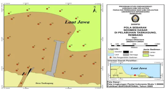 Gambar 2. Pola Sebaran Sedimen Dasar di Pelabuhan Tasikagung Rembang   Perbedaan  ukuran  butir  sedimen  berhubungan  dengan  asal  pengendapannya