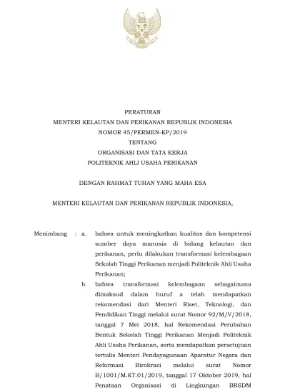 PERATURAN MENTERI KELAUTAN DAN PERIKANAN REPUBLIK INDONESIA NOMOR 45 ...