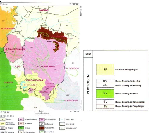 Gambar 2. Peta Geologi dan Stratigrafi Regional Bandung Selatan (Sillitongga, 1973)  Kondisi  geologi  Kecamatan  Pangalengan  dan  sekitarnya,  berdasarkan  analisis  peta  geologi    lembar  garut  dan  Pameungpeuk  (Alzwar  drr,  1992),  peta  geologi d