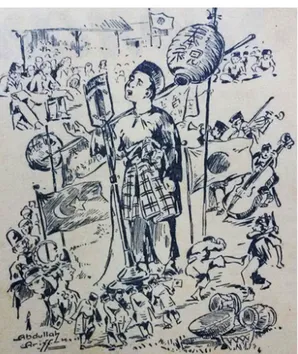 Figura seorang pemuda yang dilukiskan lengkap berpakaian baju Melayu,  bersongkok, bersampin dan memakai capal mewakili bangsa Melayu  sebagai ras pribumi yang dominan di Malaya