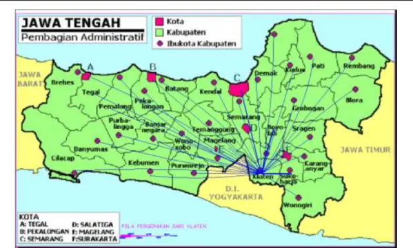Gambar 5.  Gambar Desire Line Pergerakan Angkutan Barang Kabupaten di Jawa Tengah Dari  Klaten (Sumber : Hasil Analisa, 2021) 