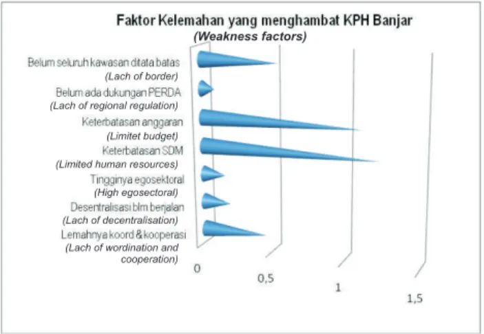 Gambar 4. Faktor  Kelemahan  yang  menghambat  pembangunan  KPH  Banjar  (Skor  Dinas Kehutanan Kalimantan Selatan)