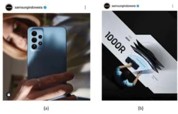 Gambar 2.11  Penambahan detail keunggulan kamera pada produk melalui foto produk saja (a); Penambahan detail  keunggulan bentuk produk melalui tulisan (b) (Sumber: Instagram/samsungindonesia).