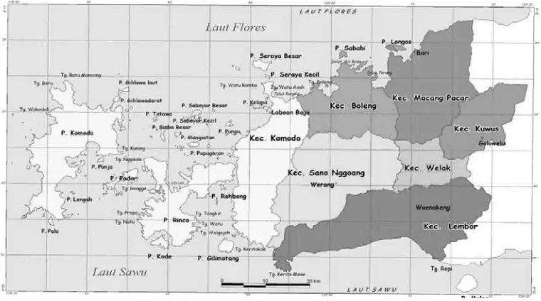 Gambar 4 di bawah ini mengilustrasikan lokasi Taman Nasional Komodo beserta wilayah Kabupaten Manggarai lainnya