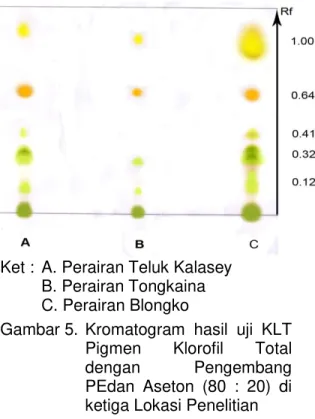 Gambar 5.  Kromatogram  hasil  uji  KLT  Pigmen  Klorofil  Total  dengan  Pengembang  PEdan  Aseton  (80  :  20)  di  ketiga Lokasi Penelitian   