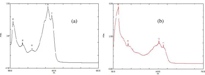 Gambar 2. Spektrum UV-Vis senyawa β-karoten (a) dan pigmen hasil isolasi (b)