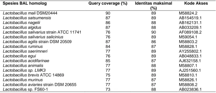 Tabel 1.   Hasil analisis sekuen DNA pengkode gen 16S rRNA dari isolat BAL F1 menggunakan program  BLAST-N