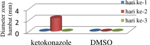 Gambar 6.  Zona  hambat  antara  ketokonazole  dan  DMSO terhadap F. moniliforme 