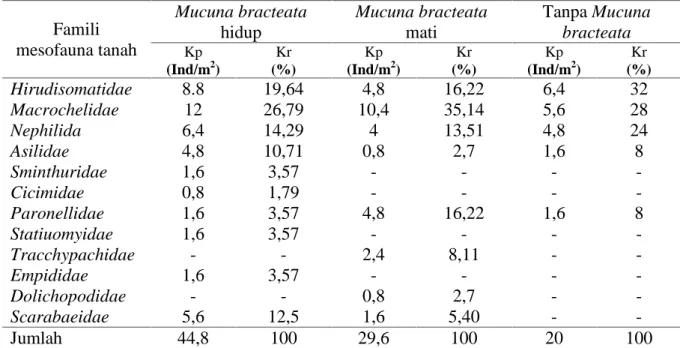Tabel 1. Kepadatan populasi (Kp) dan kepadatan relatif (Kr) mesofauna tanah pada tegakan tanaman  karet  di  tanah  gambut  yang  terdapat Mucuna  bracteata hidup, Mucuna bracteata mati dan tanpa Mucuna bracteata