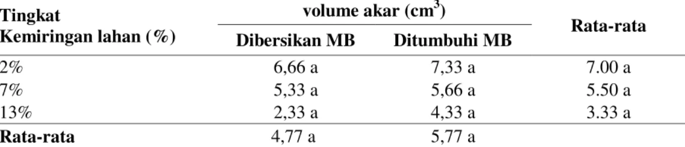 Tabel  13.  Rerata  volume  akar  pada  tingkat  kemiringan  dan  penggunaan  LCC  Mucuna  bracteata  Tingkat   Kemiringan lahan (%)  volume akar (cm 3 )  Rata-rata  Dibersikan MB  Ditumbuhi MB  2%  6,66 a  7,33 a  7.00 a  7%  5,33 a  5,66 a  5.50 a  13%  