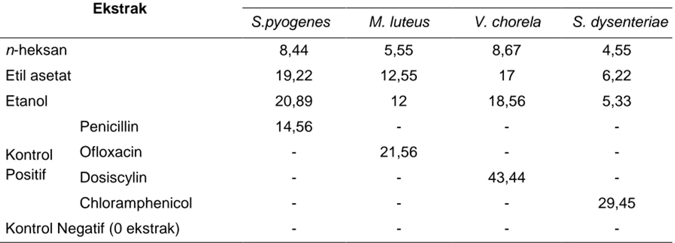 Tabel 2  Hasil  pengkuran  zona  hambat  bakteri  gram  positif  (Streptococcus  pyogenes  dan  Micrococcus luteus) dan gram negatif (Vibrio cholera dan Shigela dysenteriae) 
