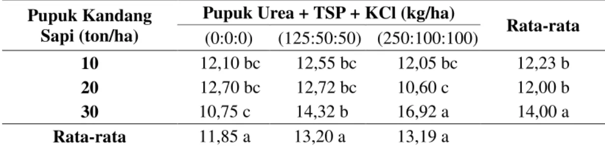 Tabel 1. Rata-rata jumlah daun (helai) tanaman bawang merah dengan pemberian      pupuk kandang sapi dan pupuk Urea, TSP, dan KCl