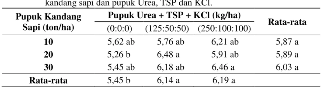 Tabel  3.  Rata-rata  lilit  umbi  (cm)  bawang  merah  dengan  pemberian  pupuk  kandang sapi dan pupuk Urea, TSP dan KCl