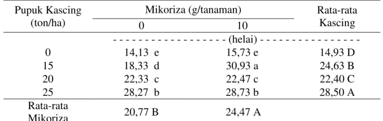 Tabel 3.   Rata-rata  jumlah  daun  per  rumpun  tanaman  bawang  merah  varietas  Bima  Brebes dengan pemberian pupuk kascing dan mikoriza