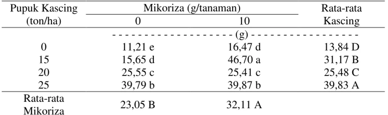 Tabel 6. Rata-rata berat umbi segar per rumpun tanaman bawang merah varietas Bima  Brebes dengan pemberian pupuk kascing dan mikoriza