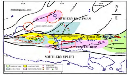 Gambar 2. 2 Peta Geologi Jawa Timur Bagian Utara dengan kotak  merah adalah daerah penelitian (Satyana,2006) 