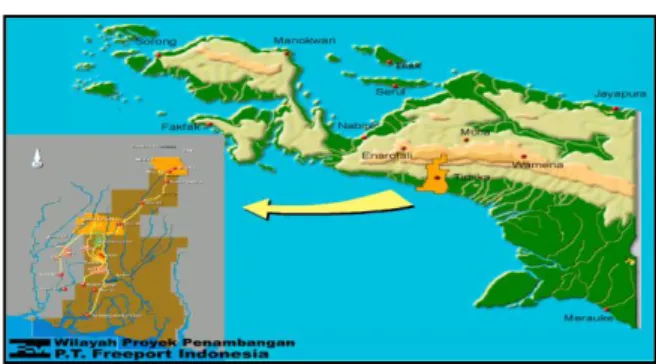 Gambar  1:  Peta  lokasi  operasional  PT.  Freeport  Indonesia. (Sumber: PT. Freeport Indonesia, 2003) 