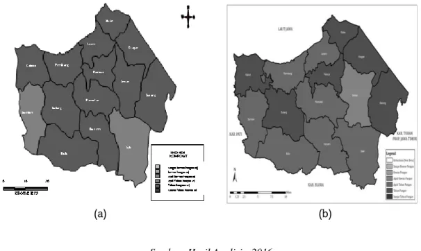 Gambar 5. (a) Peta FSVA BKP Kabupaten Rembang Tahun 2015; (b) Peta Ketahanan dan Kerawanan  Pangan Tingkat Kecamatan Kabupaten Rembang Tahun 2015 
