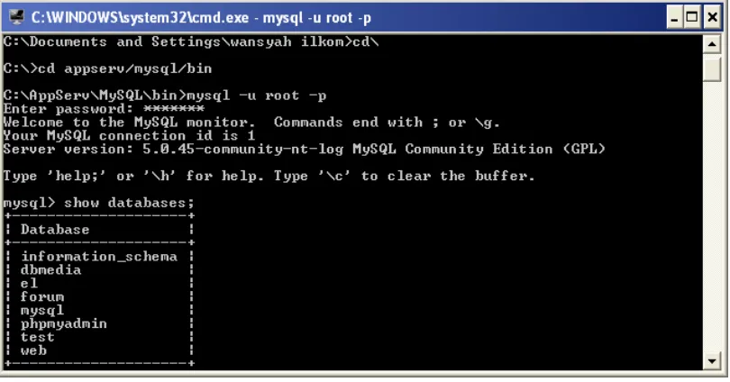 Gambar 2.2 Tampilan MySQL pada Command Prompt 