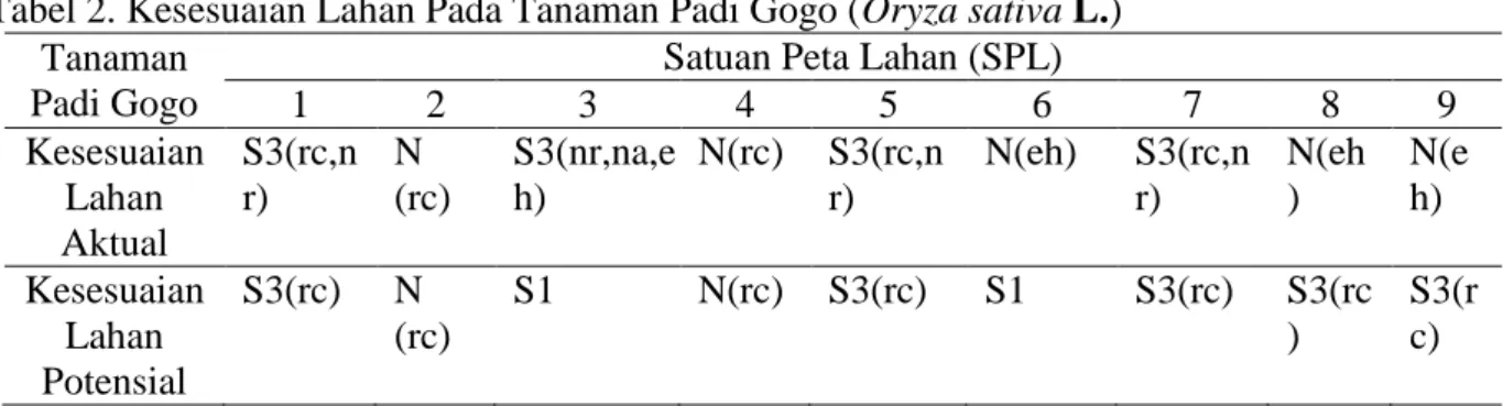 Tabel 2. Kesesuaian Lahan Pada Tanaman Padi Gogo (Oryza sativa L.)  Tanaman 