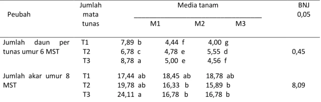 Tabel 3. Rata-rata jumlah daun per tunas umur 6 MST dan jumlah akar umur  8 MST akibat perlakuan  media tanam dam jumlah mata tunas jarak pagar 