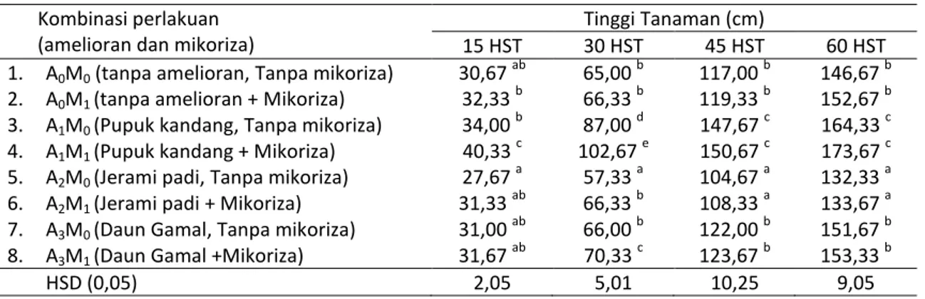 Tabel  3  menunjukkan  bahwa  tinggi  tanaman  jagung  yang  diamati  pada  umur  15  hari  setelah  ternyata  telah  dipengaruhi  oleh  pemberian  amelioran  organik  dan  mikoriza,  walaupun  perbedaan  antar  kombinasi  perlakuan  bervariasi