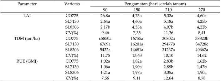 Tabel  1.    Perbedaan  indeks  luas  daun  (LAI),  total  produksi  bahan  kering  (TDM),  dan  efisiensi  pemanfaatan cahaya (RUE) pada tiga varietas tebu 