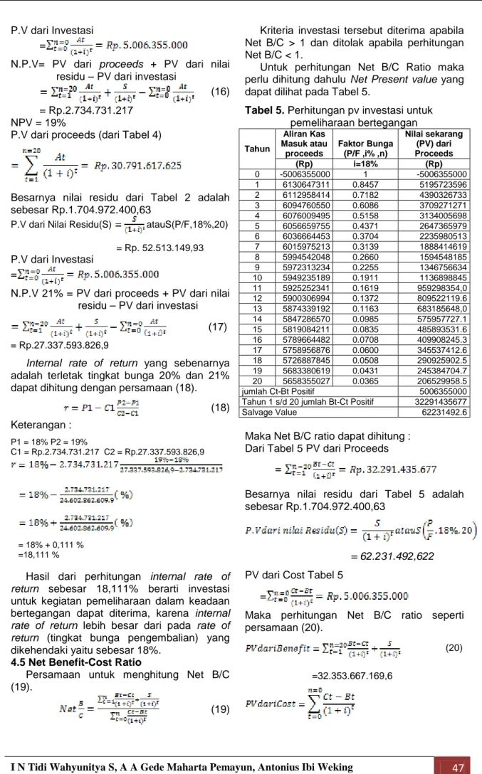 Tabel 5. Perhitungan pv investasi untuk  pemeliharaan bertegangan  Tahun  Aliran Kas  Masuk atau  proceeds  Faktor Bunga (P/F ,i% ,n)  Nilai sekarang (PV) dari Proceeds  (Rp)  i=18%  (Rp)  0  -5006355000  1  -5006355000  1  6130647311  0.8457  5195723596  