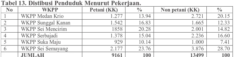Tabel 13. Distibusi Penduduk Menurut Pekerjaan. No WKPP Petani (KK) % 