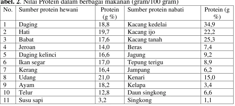 Tabel. 2. Nilai Protein dalam berbagai makanan (gram/100 gram) 