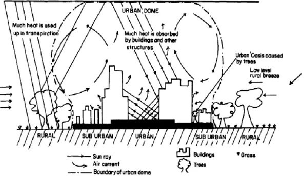 Gambar 2.7  Perilaku Termal dan Karakteristik kondisi iklim mikro perkotaan- perkotaan-pedesaan (Oke, 1977 dalam Adebayo, 1988) 