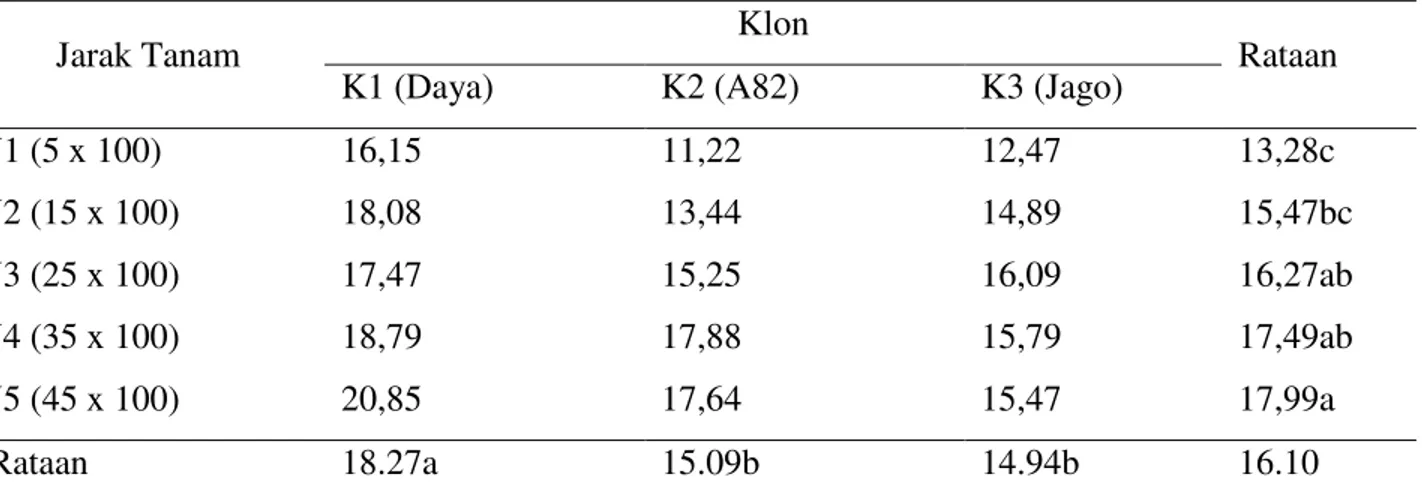 Tabel 6. Bobot umbi (kg) per plot (300 cm x 50 cm) dari tiga klon ubi jalar pada jarak tanam yang    berbeda 