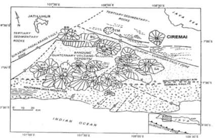 Gambar 2. Tatanan tektonik dan sebaran gunungapi Kuarter di pulau Jawa bagian barat (menurut Katili &amp; Sudradjat, 1984), menunjukkan posisi geografis G
