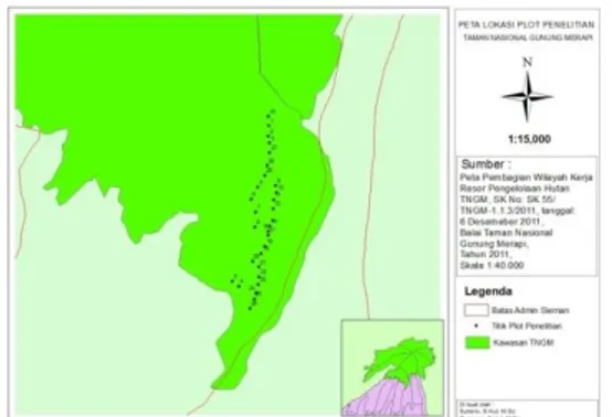 Gambar 1. Lokasi plot-plot sampling penelitian di  kawasan Taman Nasional Gunung Merapi di Yogyakarta 
