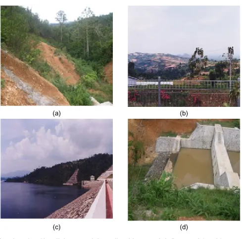 Gambar 1.  Kondisi umum lahan di sekitar waduk Batutegi (a+b),  serta kondisi waduk (c) dan  check dam di wilayah Sub  DAS Way Jantan (d) 